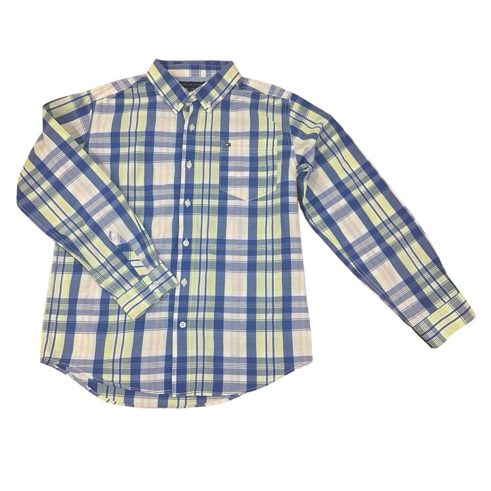 Tommy Hilfiger Boys Plaid Button Down Shirt Blue Lime Size XL 20